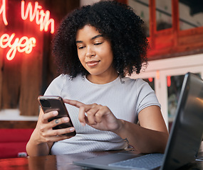 Image showing Freelance, woman and phone in a cafe while searching online with wifi for blogging and social media ideas. Remote, influencer and browse mobile social network for blog and internet idea