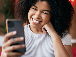 Image showing Black woman, phone and smile for selfie with happy face for social media profile picture or doing video call showing teeth, beauty and kindness. Female with smartphone for communication or blog post