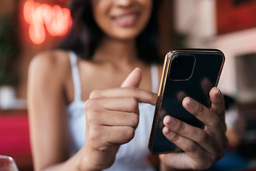 Image showing Restaurant, bar and smartphone in hands of woman for social networking, mobile chat app and internet scroll, surfing or search. Cafe, young customer and using phone for social media post or an update