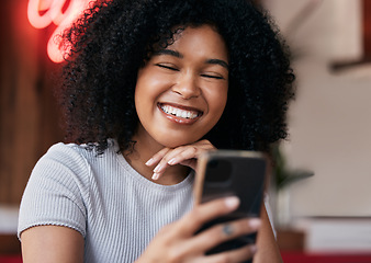 Image showing Woman, cafe and phone or wifi search in a restaurant for social media meme or content with joy. Coffee shop, mobile internet and female customer browsing social network for communication or text