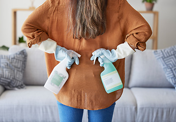 Image showing Woman hand, glove and spray bottle, cleaning detergent and spring cleaning in home living room, Cleaner, maintenance and cleaning service with female domestic worker in house, clean and product