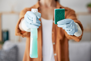 Image showing Cleaning service, product or hands with sponge for bacteria, dust or dirty surfaces on furniture in home. Zoom, safety or healthy cleaner with liquid soap chemical in spray bottle for spring cleaning