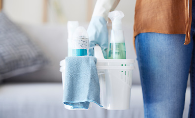 Image showing Woman, hand or cleaning container in house, home or hotel living room in hygiene maintenance, housekeeping or bacteria control. Zoom, fabric or spray bottle for maid, cleaner or spring cleaning work