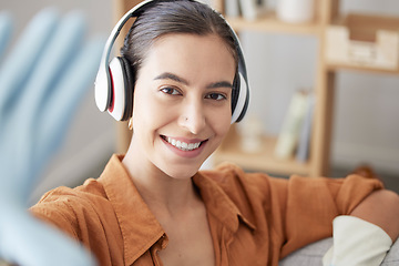Image showing Cleaning, podcast or woman taking a selfie to relax on a break streaming music, audio or radio playlist at home. Face, portrait or happy cleaner resting by taking pictures and listening to headphones
