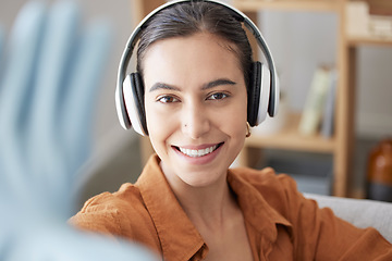 Image showing Selfie, woman and cleaning with headphones for music streaming and cheerful mood in home. Wellness, audio and happy girl ready to clean house with gloves for hygiene photograph with smile.