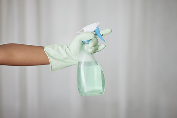 Image showing Cleaning, chemical product and cleaner hand with glove, hygiene, house work and detergent spray bottle for spring cleaning. Disinfectant, housekeeping and maid, cleaning service mockup and janitor.