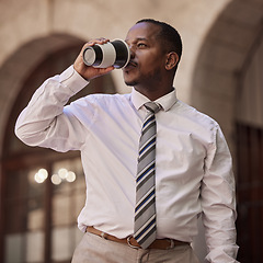 Image showing Businessman, drinking coffee and thinking with a vision in morning work routine in the outdoors. Black man employee on break having a warm drink contemplating business, strategy or working