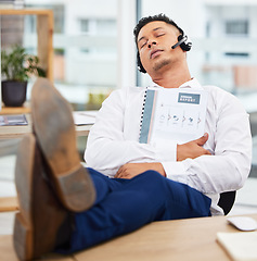 Image showing Sales man, sleeping and headset at office desk from reading annual report documents, finance paperwork or taxes. Nap, burnout and tired financial consultant exhausted from business economy consulting