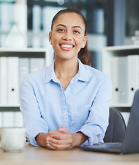 Image showing Business, woman and worker portrait at office desk as administration executive, company manager and financial advisor in Spain. Happy employee at table for finance management, accounting and payroll