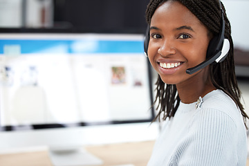 Image showing Call center, customer support and portrait of black woman with computer in office. Contact us, crm and face of happy female sales agent, telemarketing or help desk worker from Nigeria in workplace.