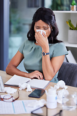 Image showing Blowing nose, tissues and black woman in office, frustrated and overworked. Nigerian female, business owner and employee with sickness, illness and flu in workplace, stress and headache for burnout.