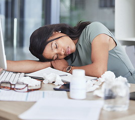 Image showing Sleep, burnout or black woman sleeping on office desk for fatigue, exhausted or stress from overwork. Mental health, sick or business woman with 404 headache, research depression or computer anxiety