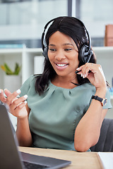 Image showing Call center, video call and woman in office for business telemarketing, b2b communication and virtual assistant management. Laptop, technology and telecom consultant black man consulting for crm job