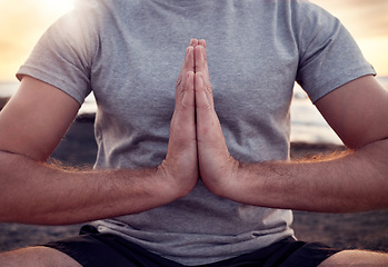 Image showing Prayer, hands or praying in yoga meditation exercise or body training with peace, gratitude or chakra healing energy. Nature, God or zen yogi relaxing in a calm lotus pose for spiritual mindfulness