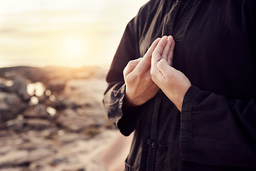 Image showing Man, hands or tai chi on sunset beach for relax exercise, workout or training for mental health, chakra balance or mind wellness. Zoom, person or martial arts by sea, ocean or nature water at sunrise