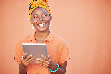 Image showing Black woman thinking, head scarf and tablet for connection, idea and search internet on studio background. Jamaican female, device and girl smile with traditional head wrap, reading online and mockup