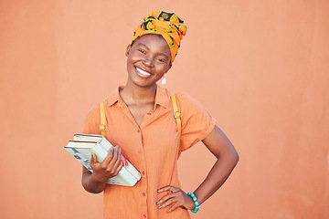 Image showing Student, books and portrait of black woman on orange wall background ready for education, learning and knowledge. African fashion, youth and girl ready for college, university and academy in Nigeria