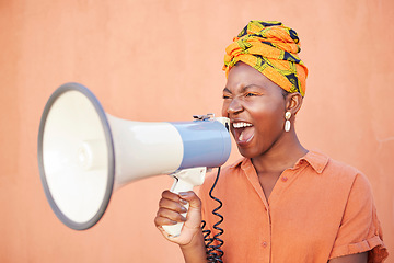 Image showing Megaphone, black woman or african protest, justice and freedom of speech for gender equality on orange mockup. Vote, human rights and race of woman with voice for politics, angry broadcast or news