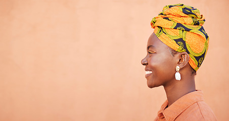 Image showing Cosmetics, black woman and smile with head wrap, natural beauty and color on studio background. Jamaican female, profile and lady with traditional headscarf for culture, stylish makeup with mockup.