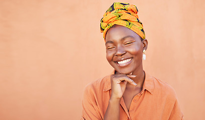 Image showing Beauty, smile and black woman, happy and face for skincare cosmetic product with orange wall. Happiness, head scarf and fashion African girl feeling soft skin texture with mockup space outdoor