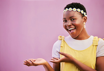 Image showing Mockup, marketing or happy black woman against a wall for product placement, advertising or branding space. Mock up, portrait or African girl shows discount commercial, promotion offer or sales deal