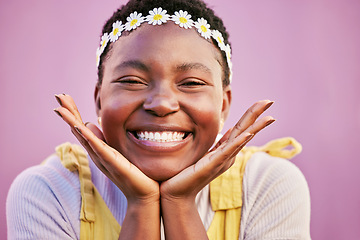 Image showing Happy, gen z and black woman student portrait with hippie daisy headband and optimistic smile. Happiness, youth and natural face of young girl in Los Angeles, USA at pink wall background.