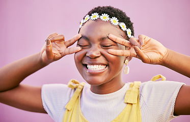 Image showing Black woman, face and peace sign on the eyes on a stylish, trendy pink studio background. Hand gesture, excited female hippie and symbol with happiness, fun and joy in a cool outfit looking elegant