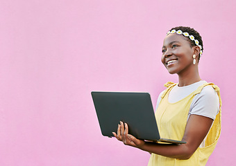 Image showing Happy, mock up background and woman with laptop for typing fashion blog, spring online shopping or post to social media app. Marketing mockup, advertising and pink African girl with digital computer