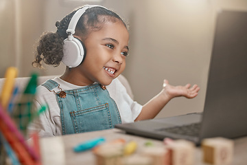 Image showing Confused, little girl and video call with elearning laptop for remote lesson on educational app. Knowledge, development and education of black child at home in communication on internet