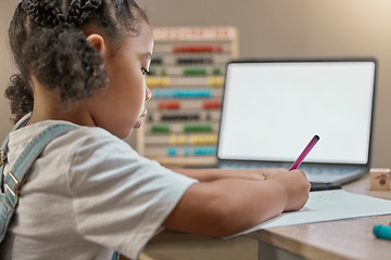 Image showing Laptop mockup, online education and elearning with kid, girl and student writing test at table for zoom call lesson. Home school child studying with virtual teaching, technology mock up and internet