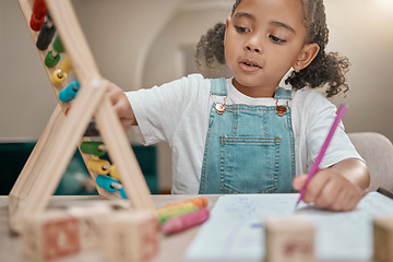 Image showing Home learning, education and girl with math abacus ready for kindergarten development at a house. School, study knowledge and test writing of numbers with kid student doing mathematics with focus