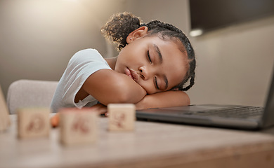 Image showing Child sleeping, learning and girl tired from home education, computer and kid development. Study, sleep and online education of a student in a house rest after digital school studying and working