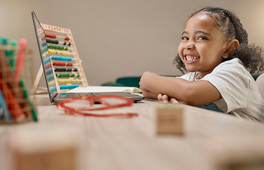 Image showing Education, happy or girl excited for learning, knowledge or child development as a young creative school student. Smile, portrait or relaxed African kid reading story books with freedom for homework