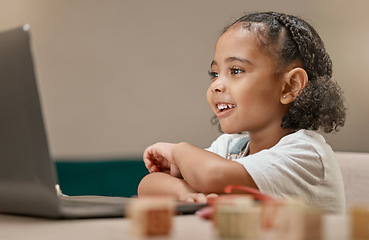 Image showing Young child, laptop and learning with online education and school, girl student and study at home with e learning, academic video or online class. Virtual, digital and development with education.