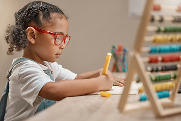 Image showing Education, girl or student drawing on paper or writing homework in notebook with artistic creativity. Development, learning or kindergarten school child with creative talent, concentration or focus