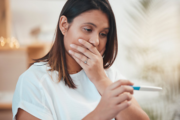 Image showing Wow, surprise and woman with pregnant test shocked with positive maternity kit result stick in home. Thinking, anxiety and future mother holding pregnancy test worried, pondering and stressed.