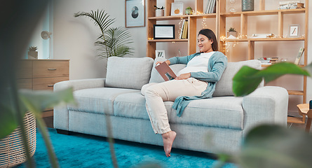 Image showing Woman, pregnant and reading a book to prepare for motherhood and being a parent at home. Woman, mom and story or novel with education information about pregnancy and maternity in the family home