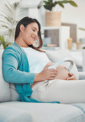 Image showing Pregnant, mother and headphones on stomach for baby to listen to music for relax and growth. Musical audio, headset and pregnancy with a woman playing songs or the radio for her unborn child