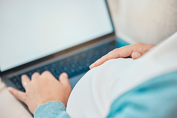 Image showing Laptop, hand on stomach or pregnant woman zoom for streaming movies, film or video relax in home sofa. Internet, pregnancy or mother sitting while website search, research or digital social media app