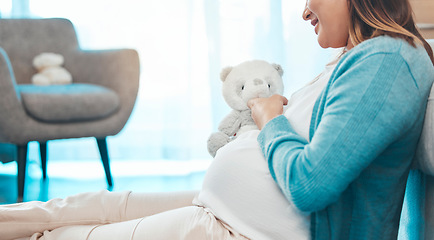 Image showing Relax, happy and pregnant woman with teddy bear in baby nursery excited for motherhood. Pregnancy belly of girl resting on floor in home with smile holding fluffy toy for future child.