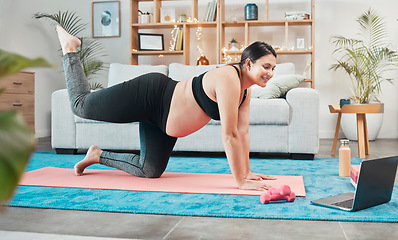 Image showing Yoga, pregnant woman and meditation with laptop, online class and lounge for wellness or fitness. Pregnancy, device or lady with peace, zen or calm to relax, tutorial or workout for exercise or smile