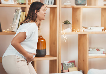 Image showing Woman in labor, birth and pregnant with pain and water break at family home, pregnancy and new mom. Childbirth, stomach pain and pregnant woman health, prenatal care and maternity with new mama.