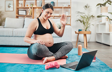Image showing Yoga, pregnant woman and meditation with laptop, online class and video call for wellness and health. Pregnancy, pc and calm lady with zen, exercise and tutorial to relax, workout and peace in lounge