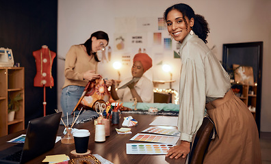 Image showing Fashion, designer or black woman at a small business, workshop or studio with color, textures or fabric choices. Portrait, entrepreneur or happy female business owner planning creative clothing ideas