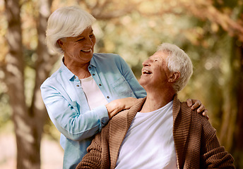 Image showing Laugh, love and senior couple bond in house garden, nature park or home backyard in trust, security or future support. Happy smile, retirement life and elderly man in Germany with woman outdoor
