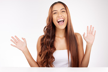 Image showing Woman, portrait and hair or beauty with hair care or hair style in a salon on a white studio background. Cosmetics, treatment and face of a female with hair dye, hair treatment or haircut