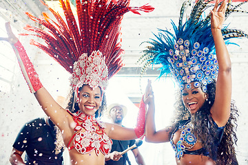 Image showing Brazil, samba dancing and carnival event dance for rio de janeiro concert, music festival or Brazilian culture party portrait. Celebration performance, dancer costume and happy salsa for new year