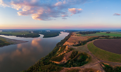 Image showing Aerial drone view of river landscape in sunny summer evening