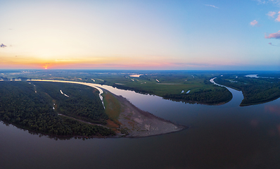 Image showing Aerial drone view of river landscape in sunny summer evening