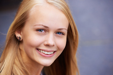 Image showing Portrait, teenager and smile for youth happiness or positive student mindset or education motivation. Young woman, happy face and studying confidence, smiling headshot or girl empowerment in Sweden